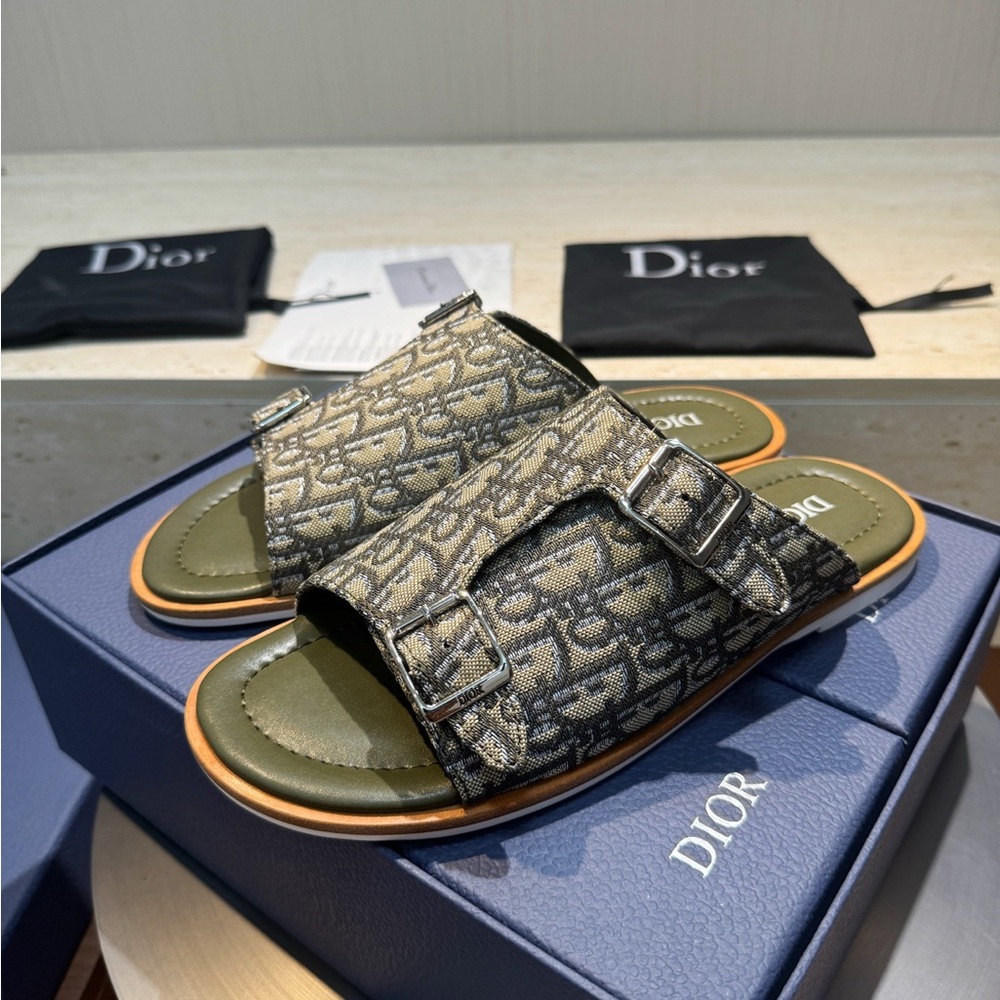 Dior Monogram Slide Sandals in Olive and Beige - Picture 5 of 6